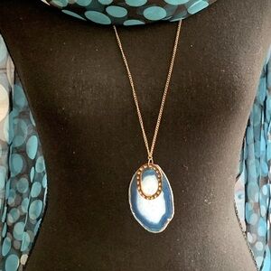 Boho Blue Dyed Agate Geode Crystal Copper Brass Necklace Vintage